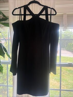 Black Halo Black Cold-Shoulder Long Sleeve Dress with Strappy Back